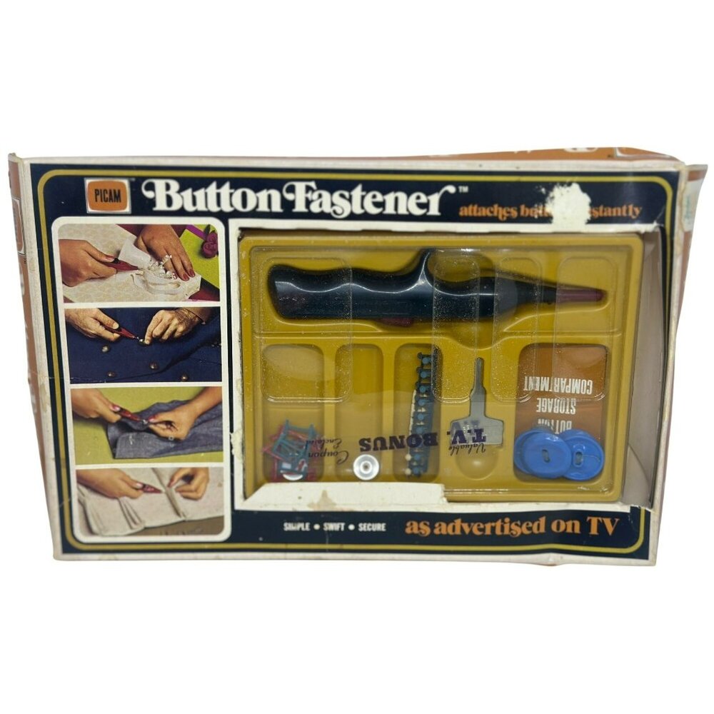 Vintage K-Tel PICAM Button Fastener Kit‎ – OS Sewing Tool, As Seen on TV 80s 70s
